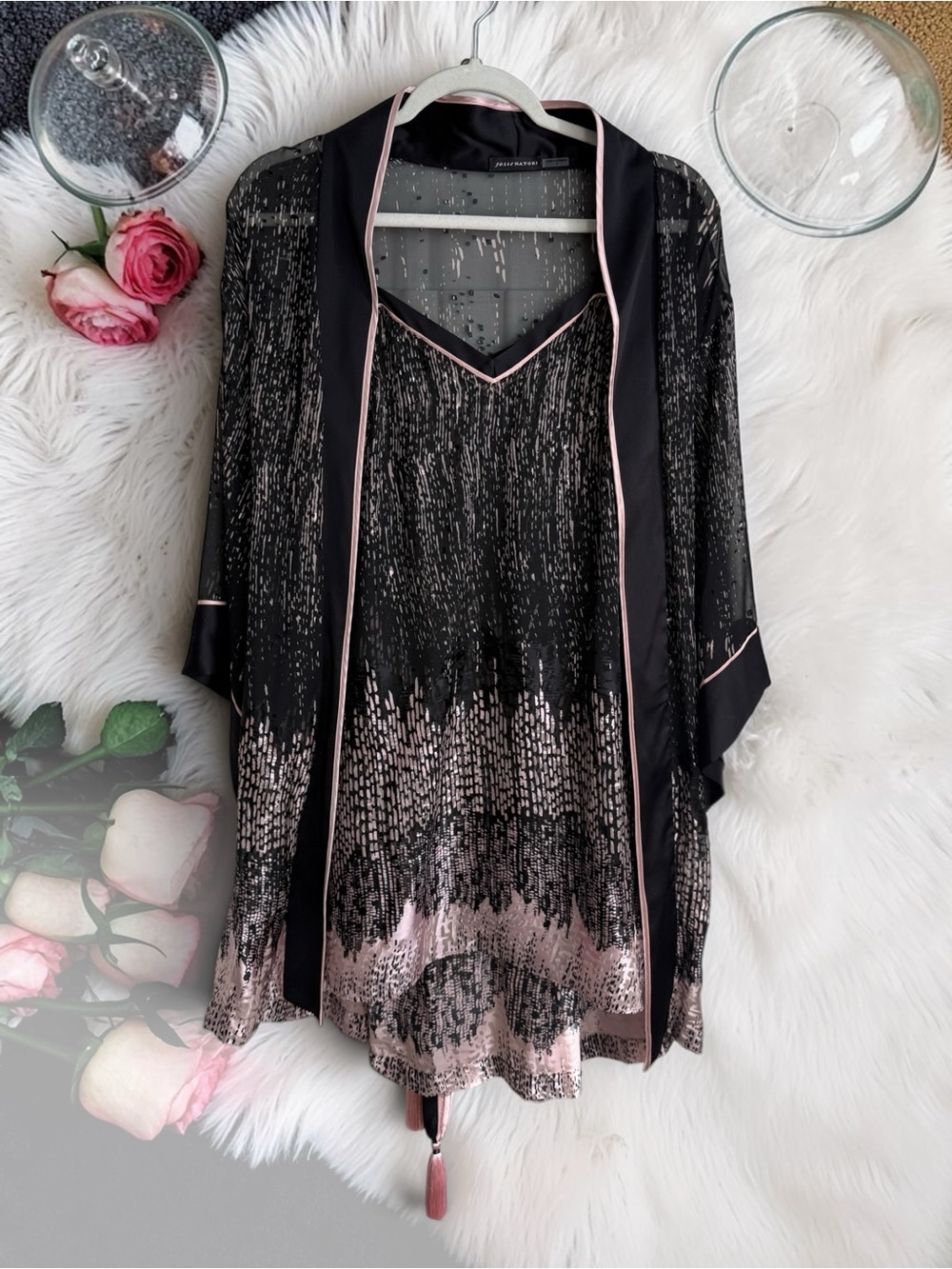 Natori Black with Pale Pink Trim Kimono Robe & Slip Set